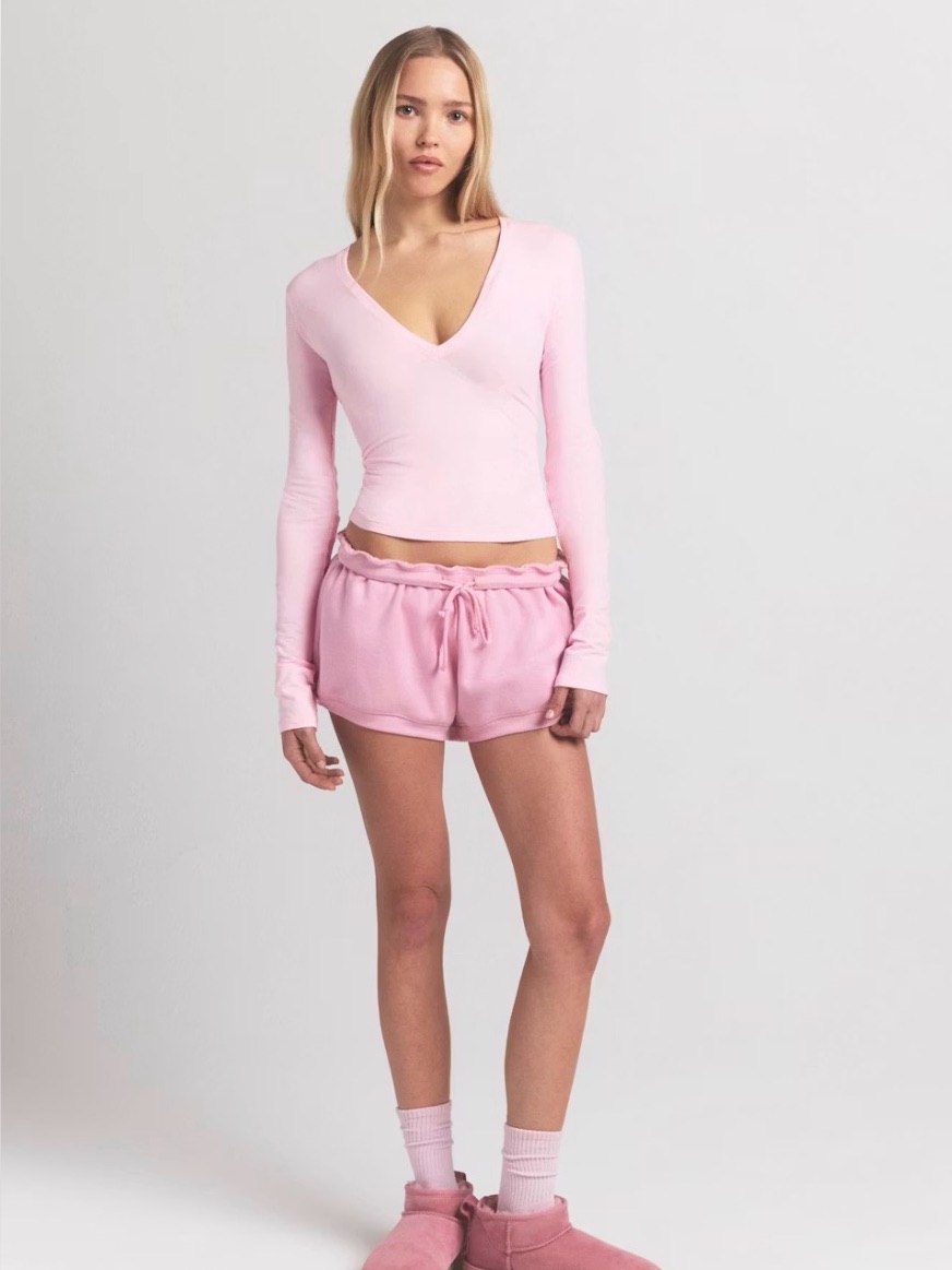 Skims Cotton Jersey Long Sleeve Plunge Top Ls-Lst-11208w Cherry Blossom Xxs
